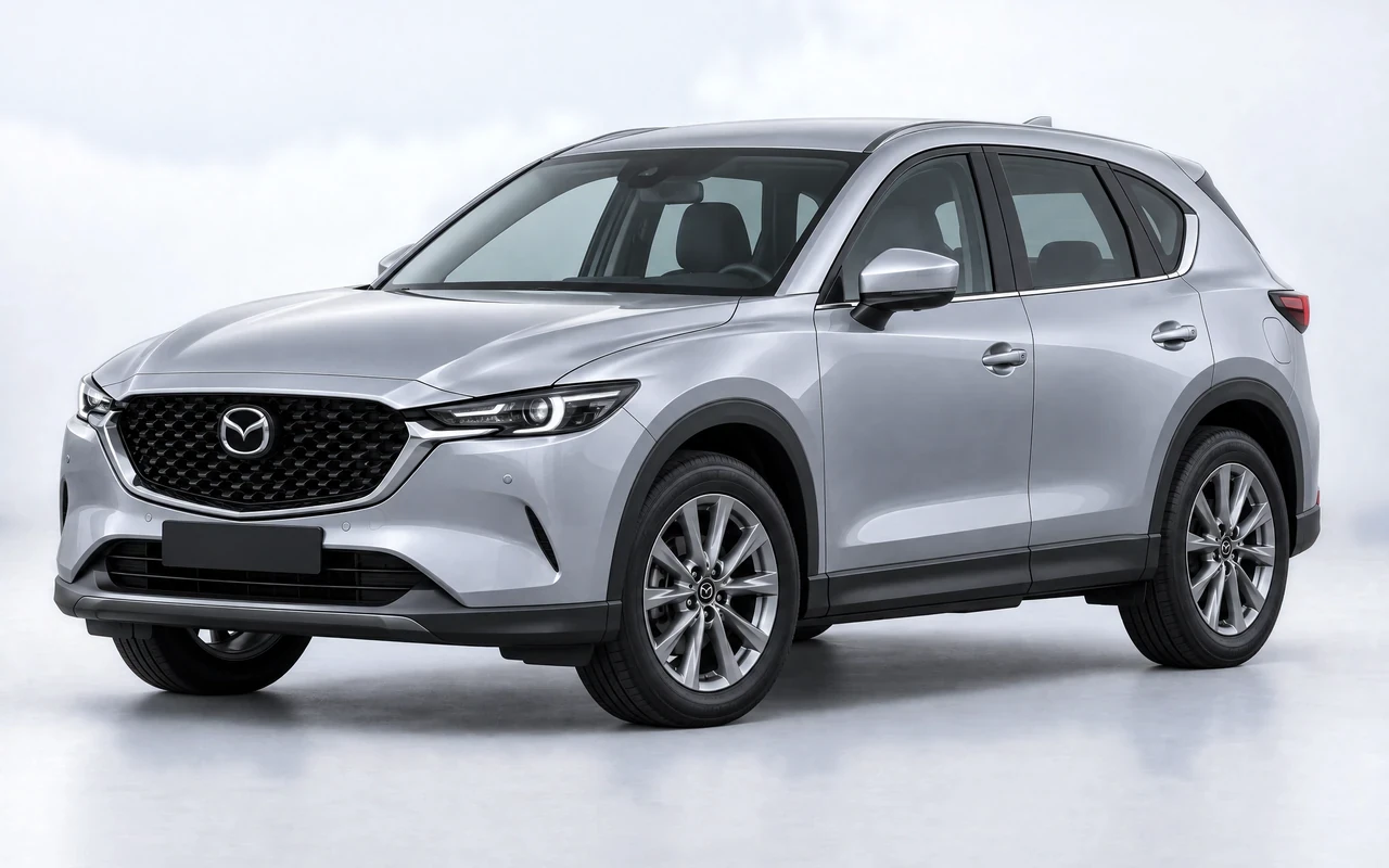 AI-genereret illustration af en sølvgrå Mazda CX-5, set skråt forfra.