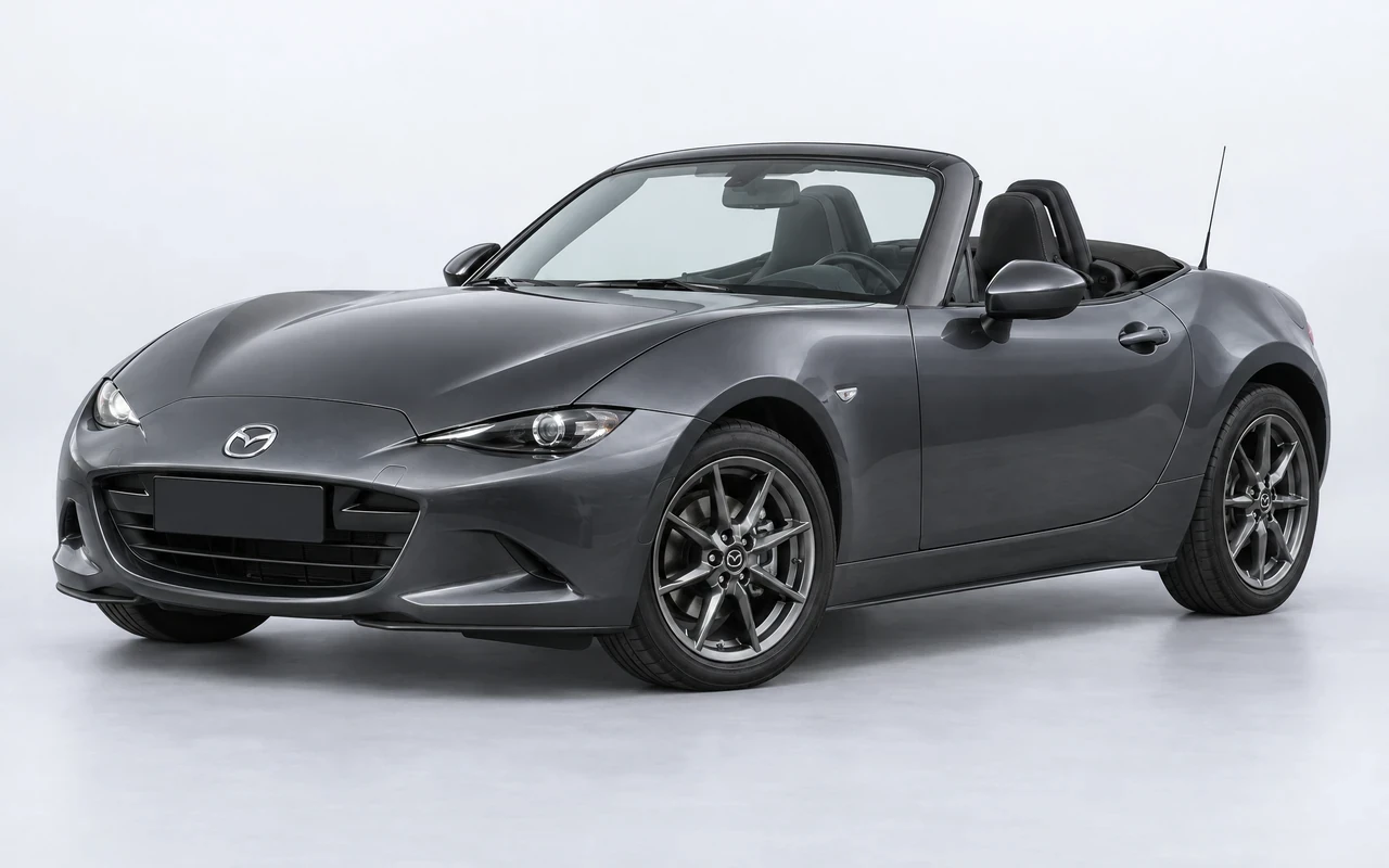 AI-genereret illustration af en mørkegrå Mazda MX-5, set skråt forfra.