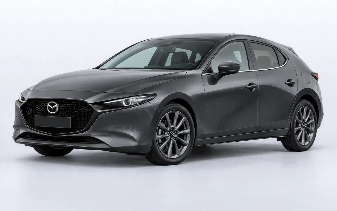 AI-genereret illustration af en mørkegrå Mazda Mazda3, set skråt forfra.