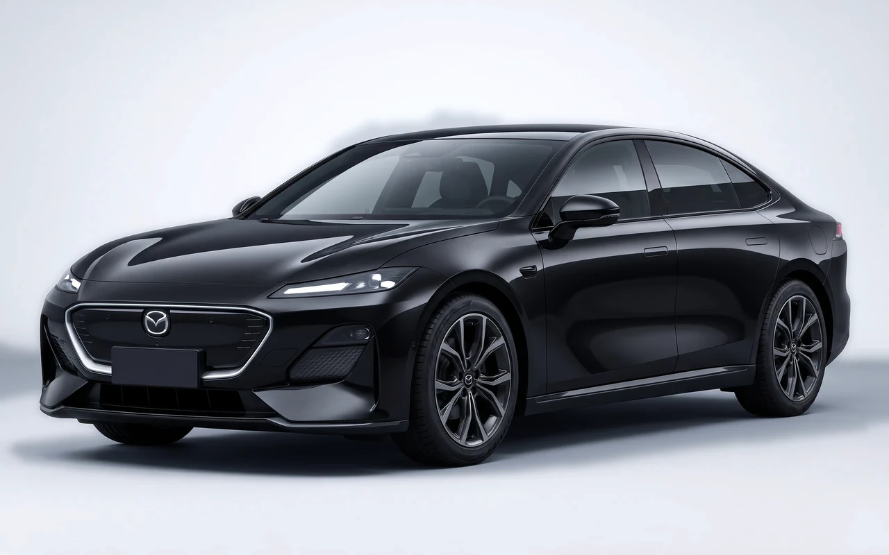 AI-genereret illustration af en sort Mazda 6e, set skråt forfra.