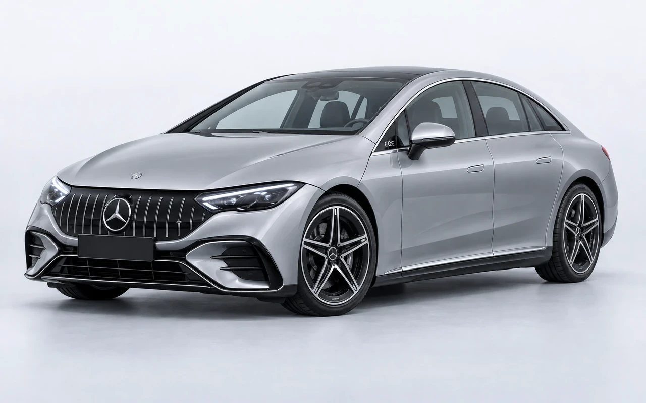 AI-genereret illustration af en sølvgrå Mercedes-Benz AMG EQE, set skråt forfra.
