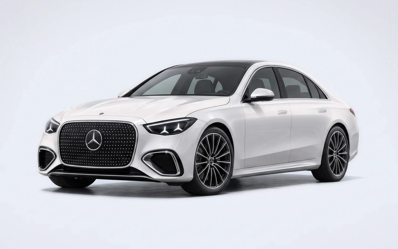 AI-genereret illustration af en hvid Mercedes-Benz C 400 4MATIC EQ, set skråt forfra.