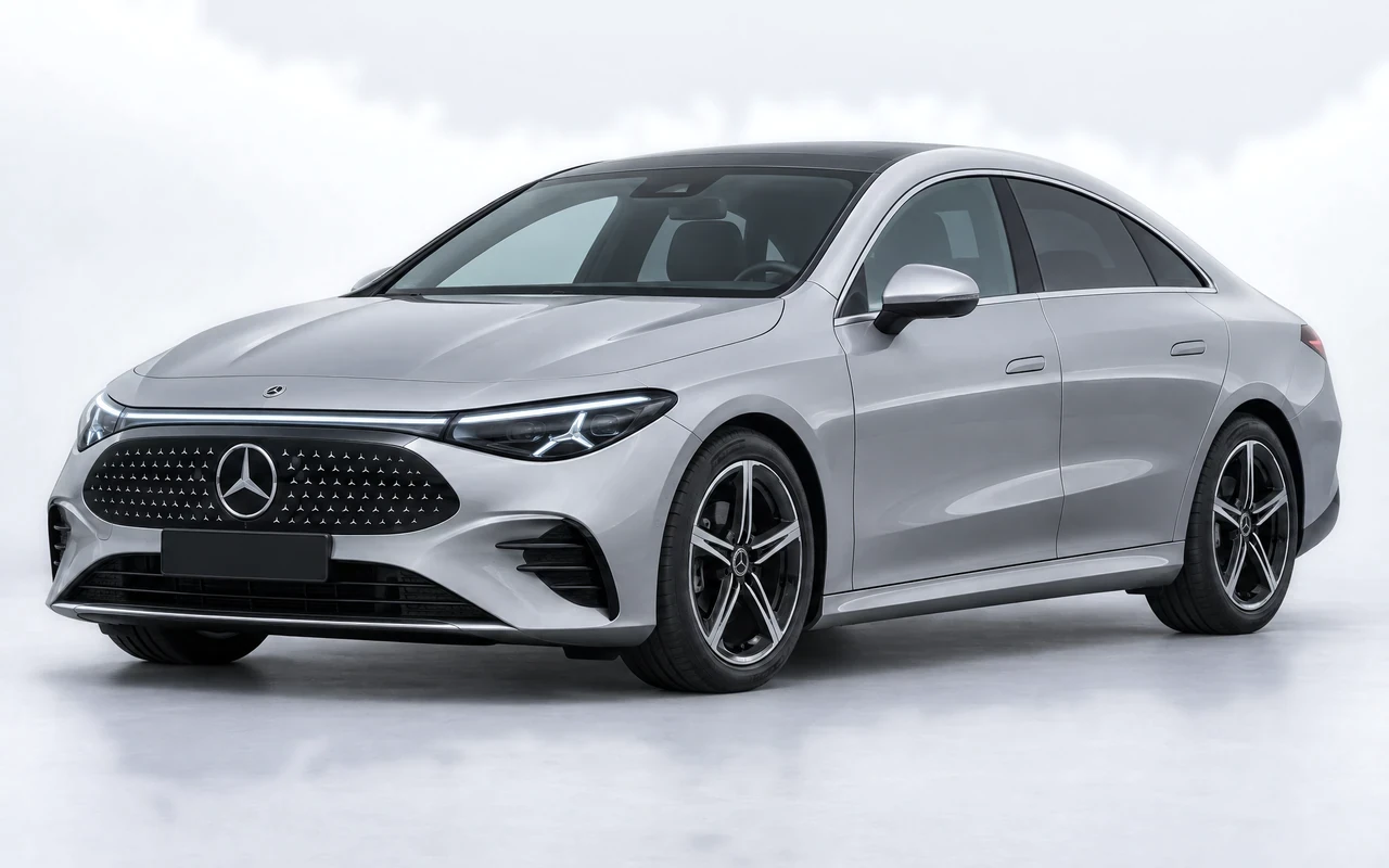 AI-genereret illustration af en sølvgrå Mercedes-Benz CLA, set skråt forfra.