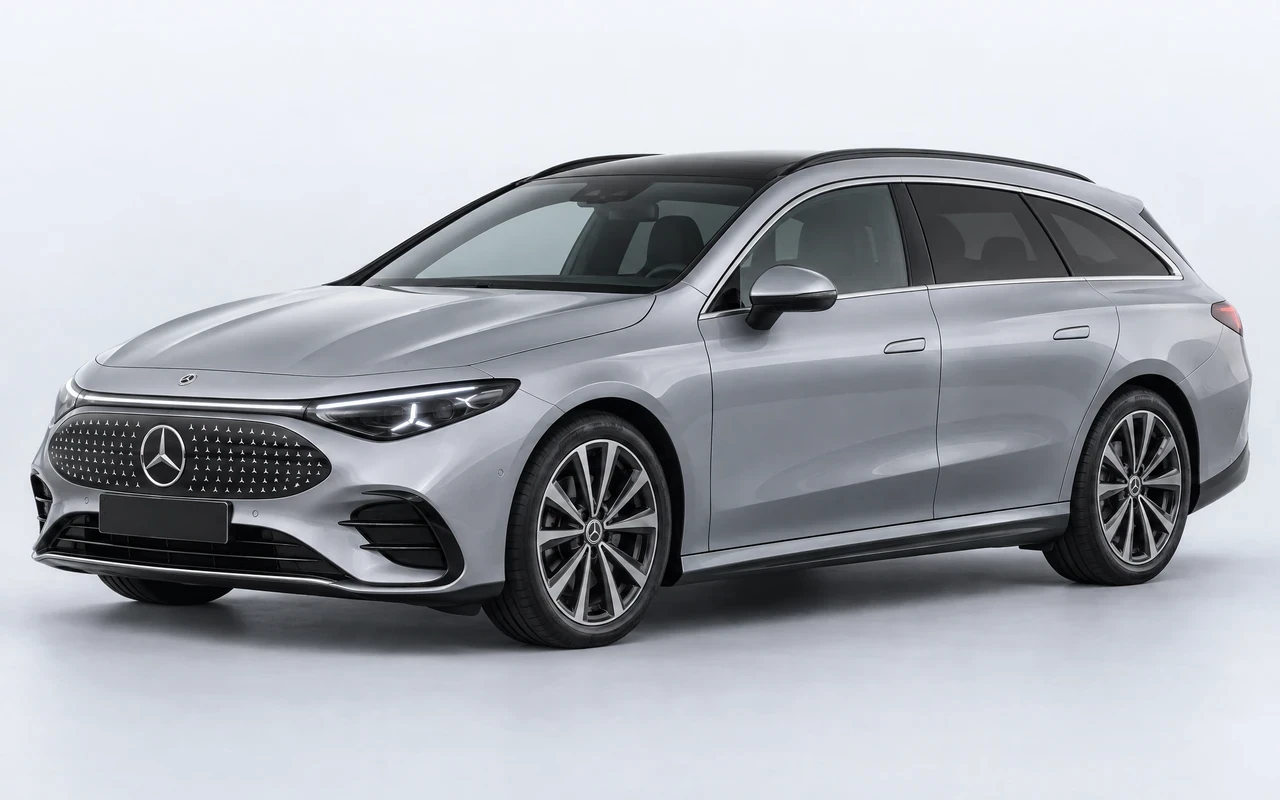 AI-genereret illustration af en sølvgrå Mercedes-Benz CLA Shooting Brake, set skråt forfra.