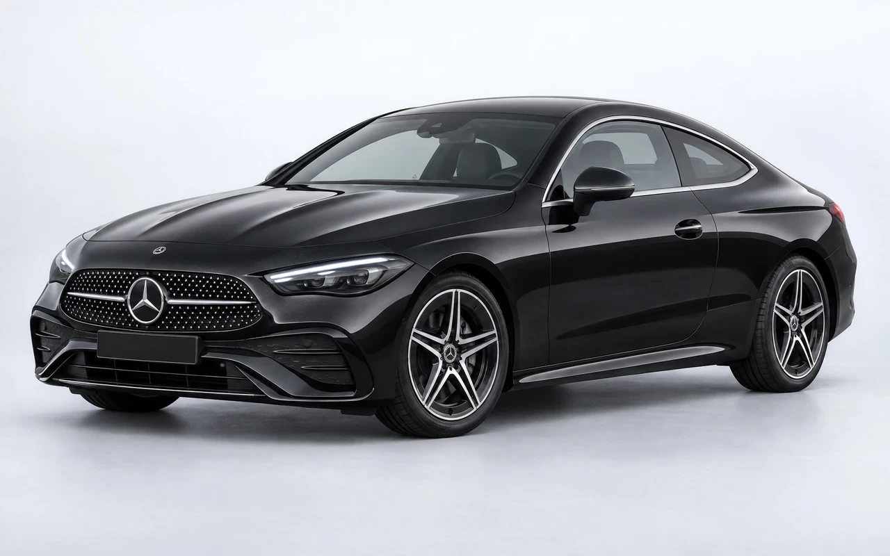 AI-genereret illustration af en sort Mercedes-Benz CLE 300, set skråt forfra.