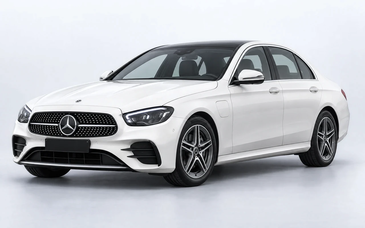 AI-genereret illustration af en hvid Mercedes-Benz E 300 e, set skråt forfra.