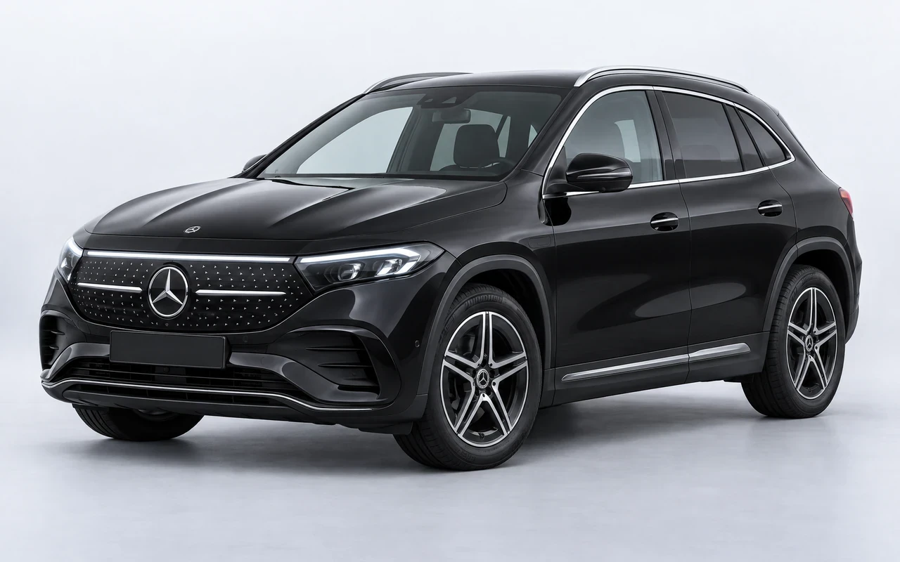AI-genereret illustration af en sort Mercedes-Benz EQA 350, set skråt forfra.