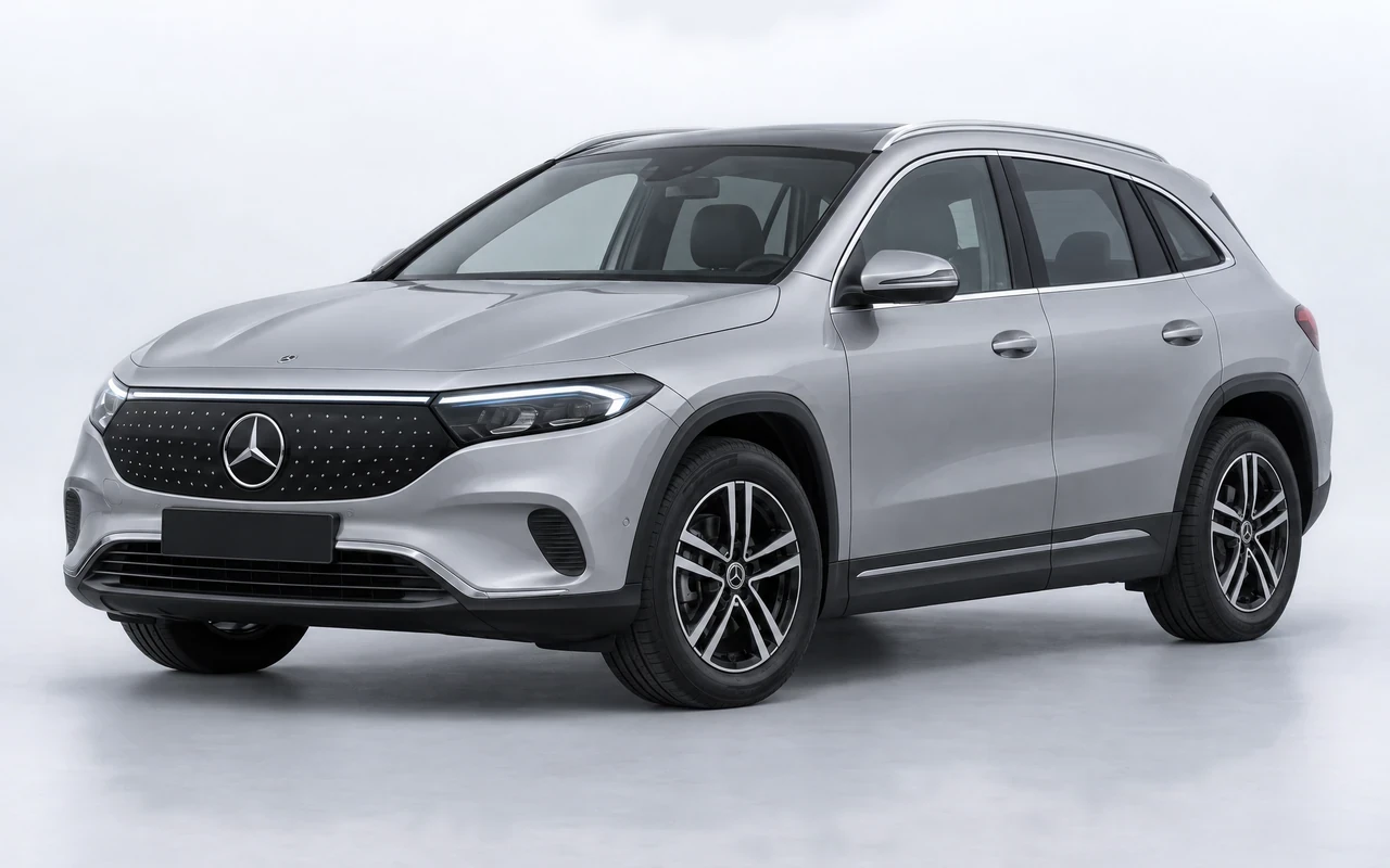 AI-genereret illustration af en sølvgrå Mercedes-Benz EQA 250+, set skråt forfra.