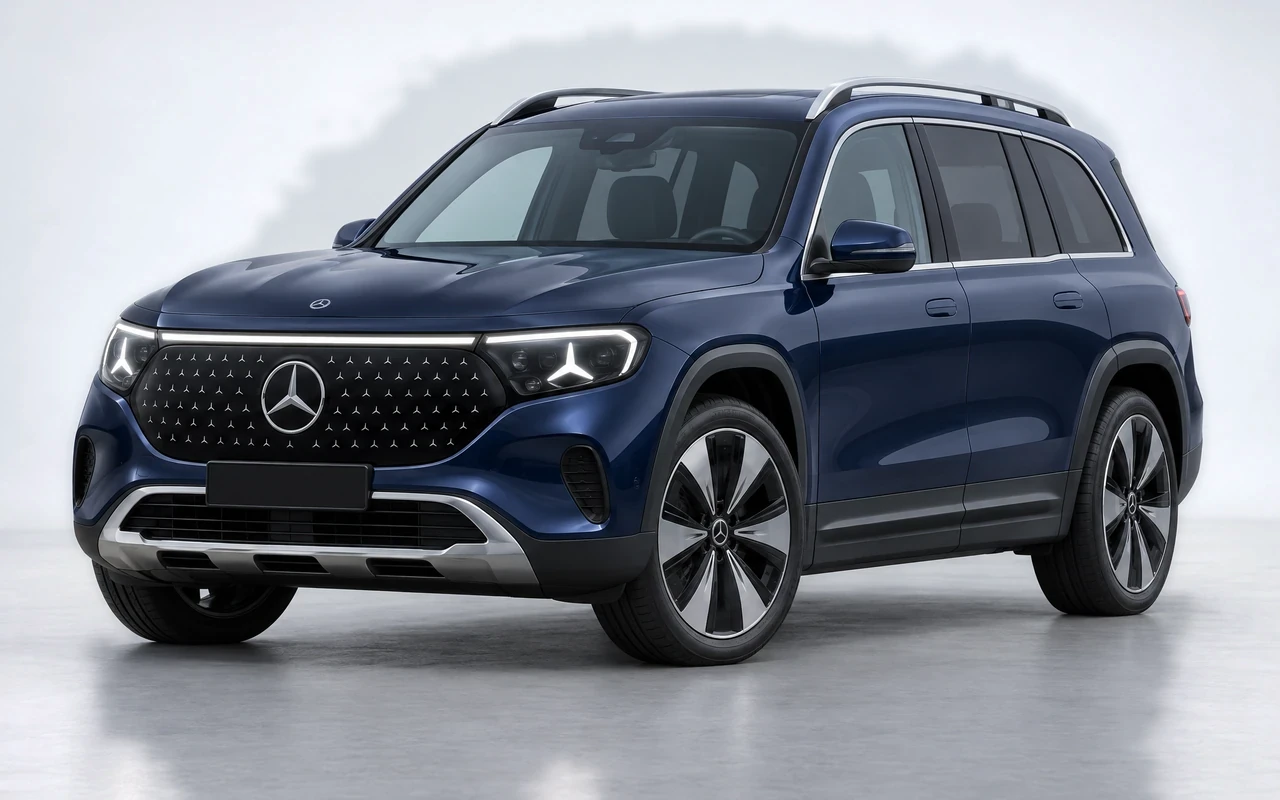 AI-genereret illustration af en mørkeblå Mercedes-Benz GLB 250+, set skråt forfra.