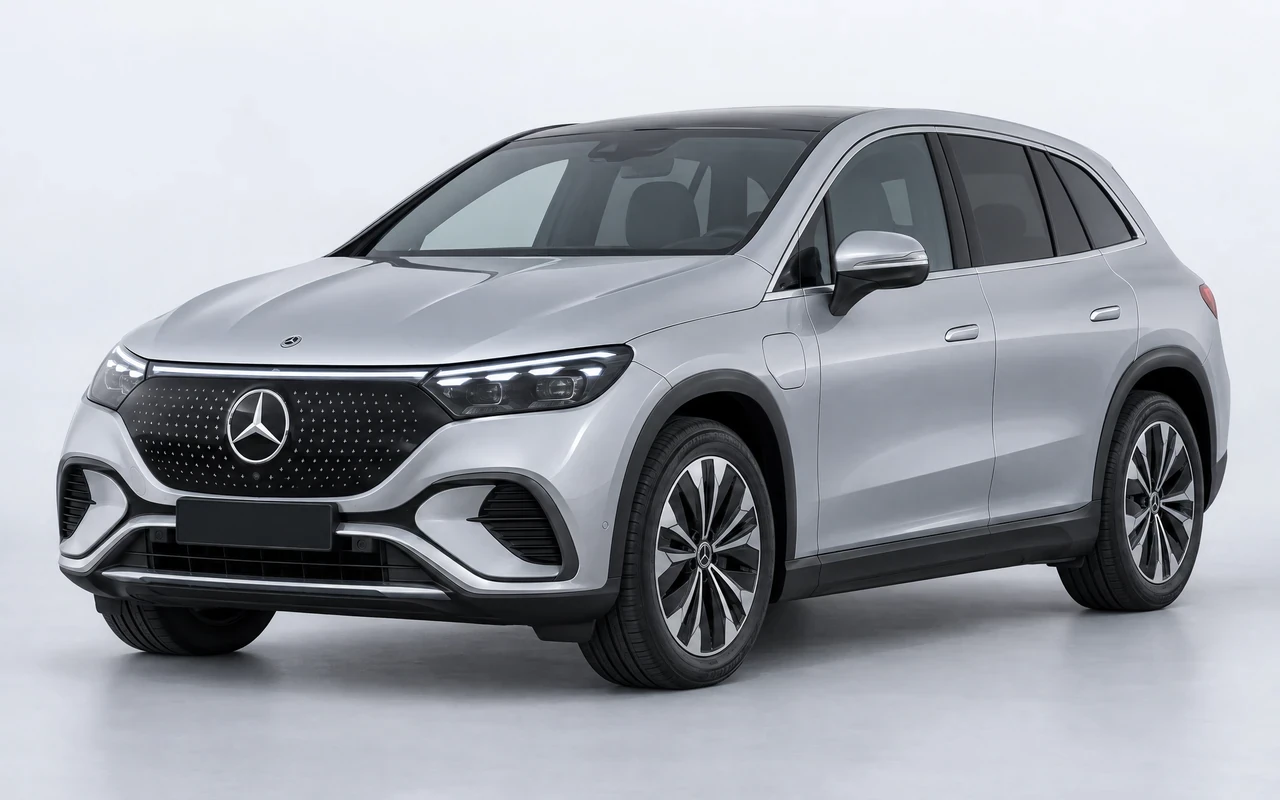AI-genereret illustration af en sølvgrå Mercedes-Benz EQE SUV, set skråt forfra.