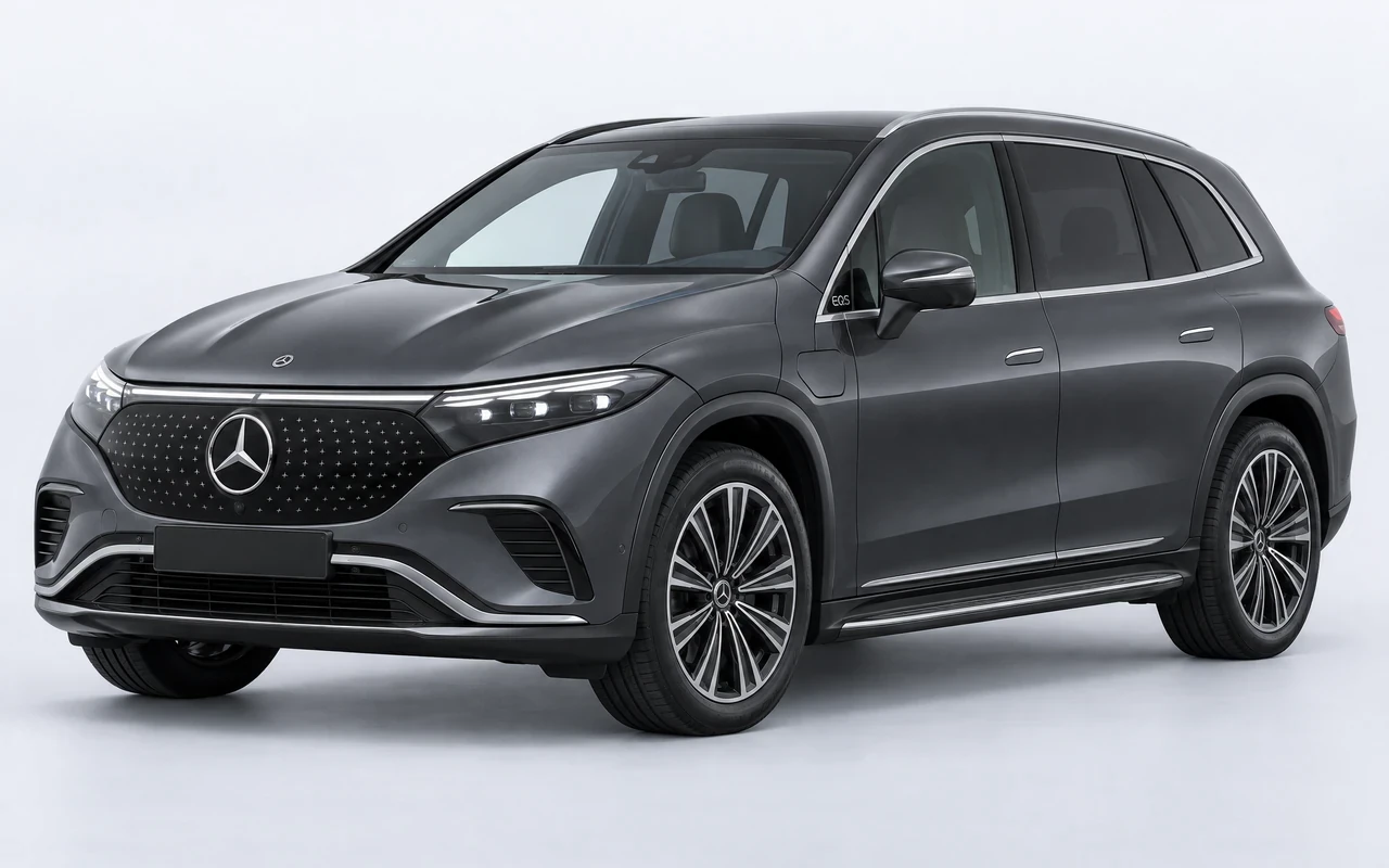 AI-genereret illustration af en mørkegrå Mercedes-Benz EQS SUV 450+, set skråt forfra.