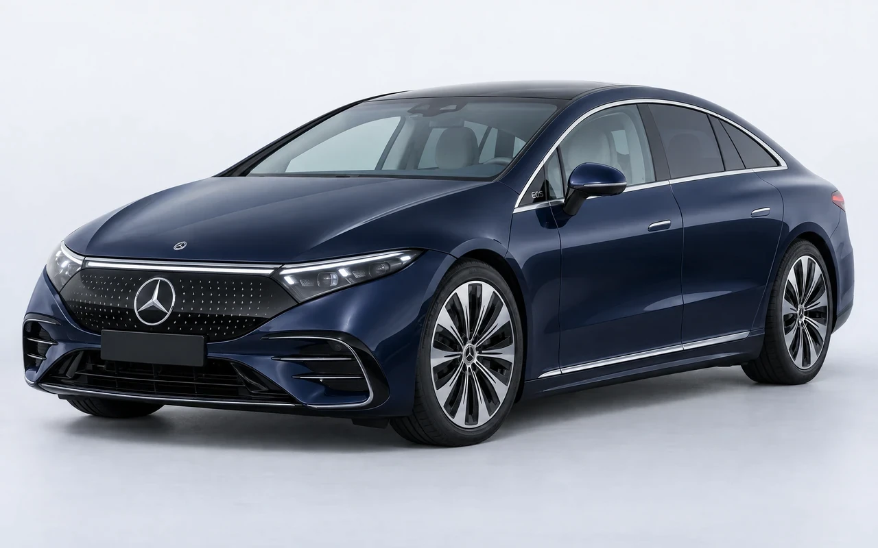 AI-genereret illustration af en mørkeblå Mercedes-Benz EQS 450+, set skråt forfra.
