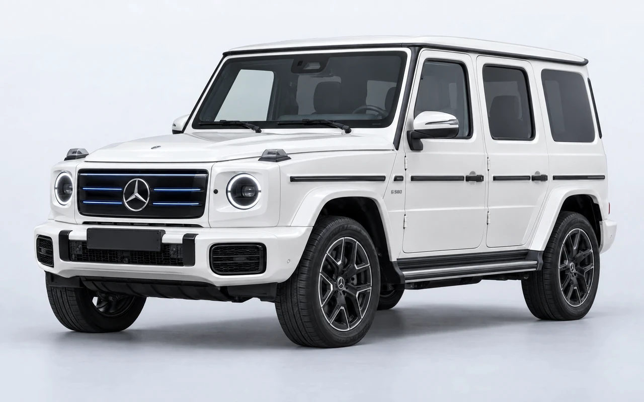 AI-genereret illustration af en hvid Mercedes-Benz G 580 med EQ Technology, set skråt forfra.