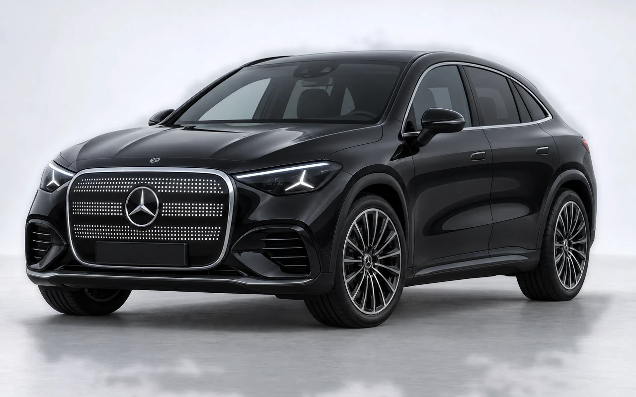 AI-genereret illustration af en sort Mercedes-Benz GLA med EQ Technology, set skråt forfra.