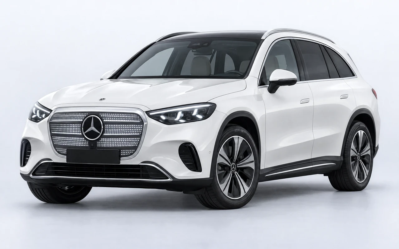 AI-genereret illustration af en hvid Mercedes-Benz GLC 400 4MATIC EQ, set skråt forfra.