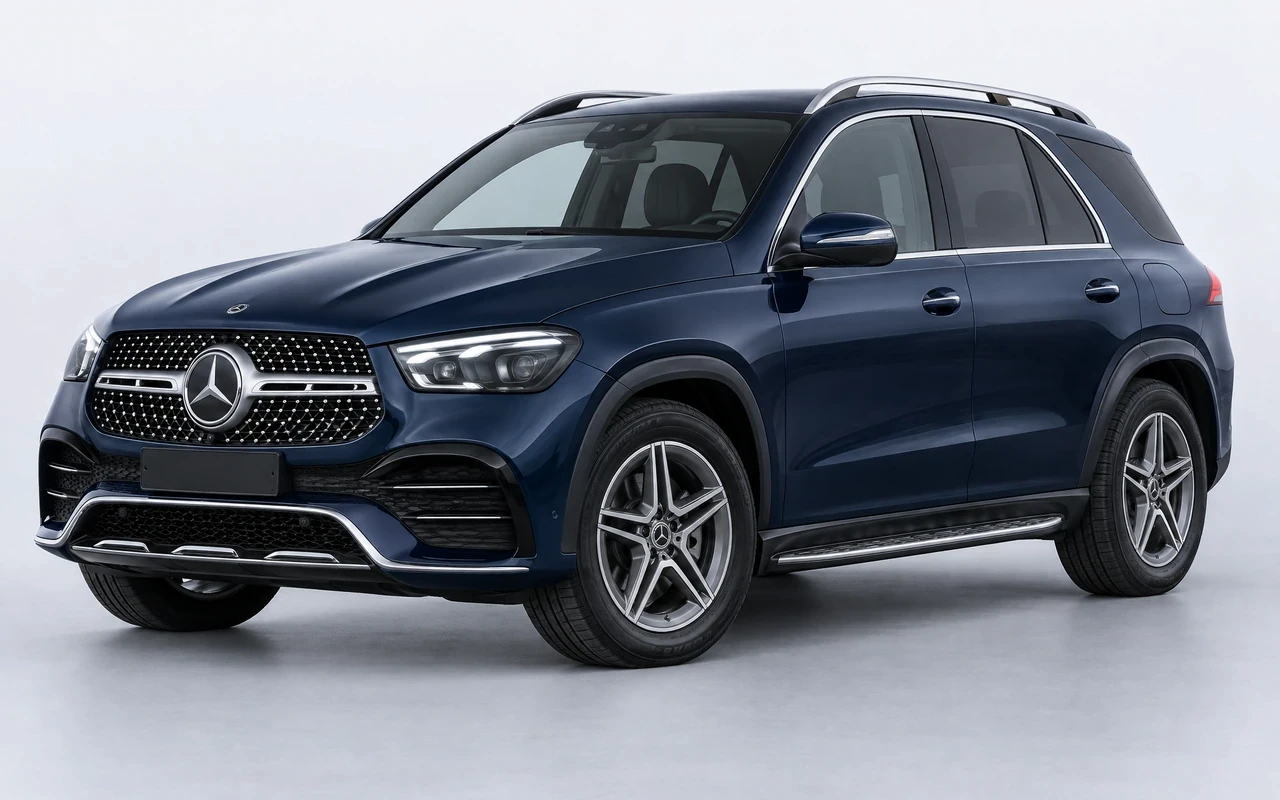 AI-genereret illustration af en mørkeblå Mercedes-Benz GLE 450 e, set skråt forfra.