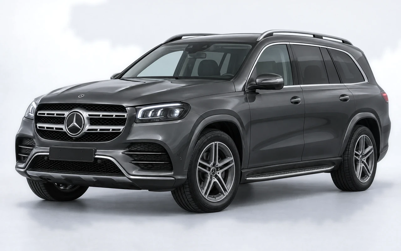 AI-genereret illustration af en mørkegrå Mercedes-Benz GLS 450 d, set skråt forfra.