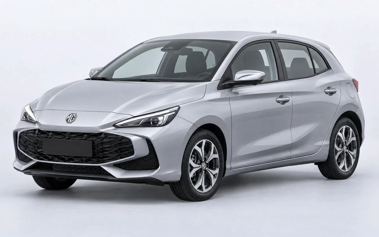AI-genereret illustration af en sølvgrå MG MG3 Hybrid+, set skråt forfra.