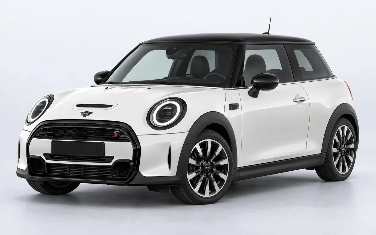 AI-genereret illustration af en hvid Mini Cooper S (3-dør), set skråt forfra.