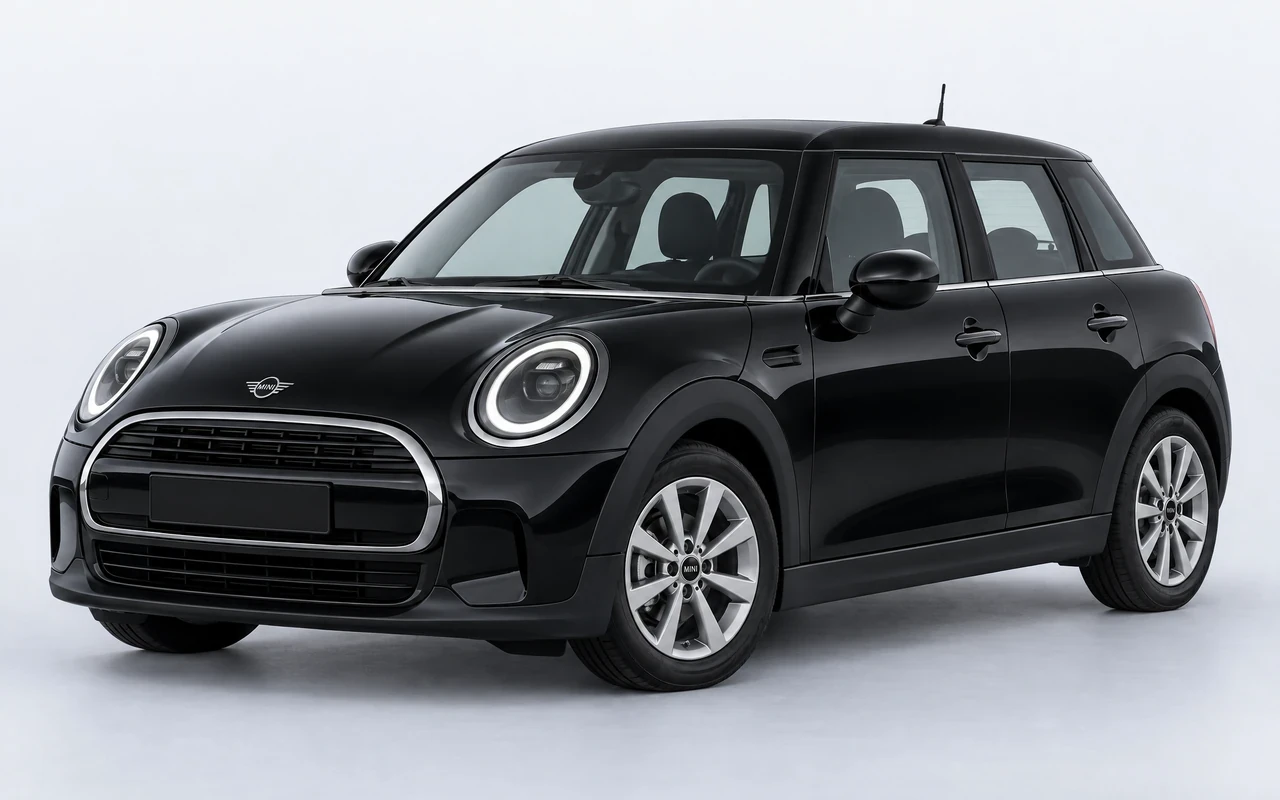 AI-genereret illustration af en sort Mini Cooper (5-dør), set skråt forfra.