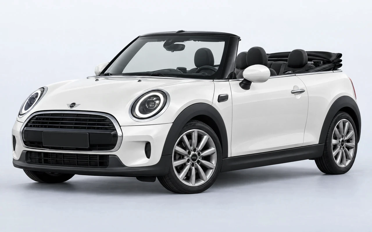 AI-genereret illustration af en hvid Mini Cooper Cabrio, set skråt forfra.