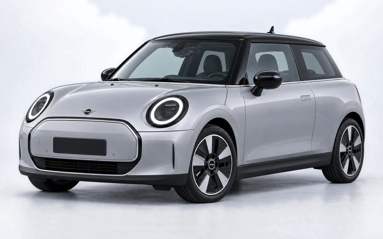 AI-genereret illustration af en sølvgrå Mini Cooper E, set skråt forfra.