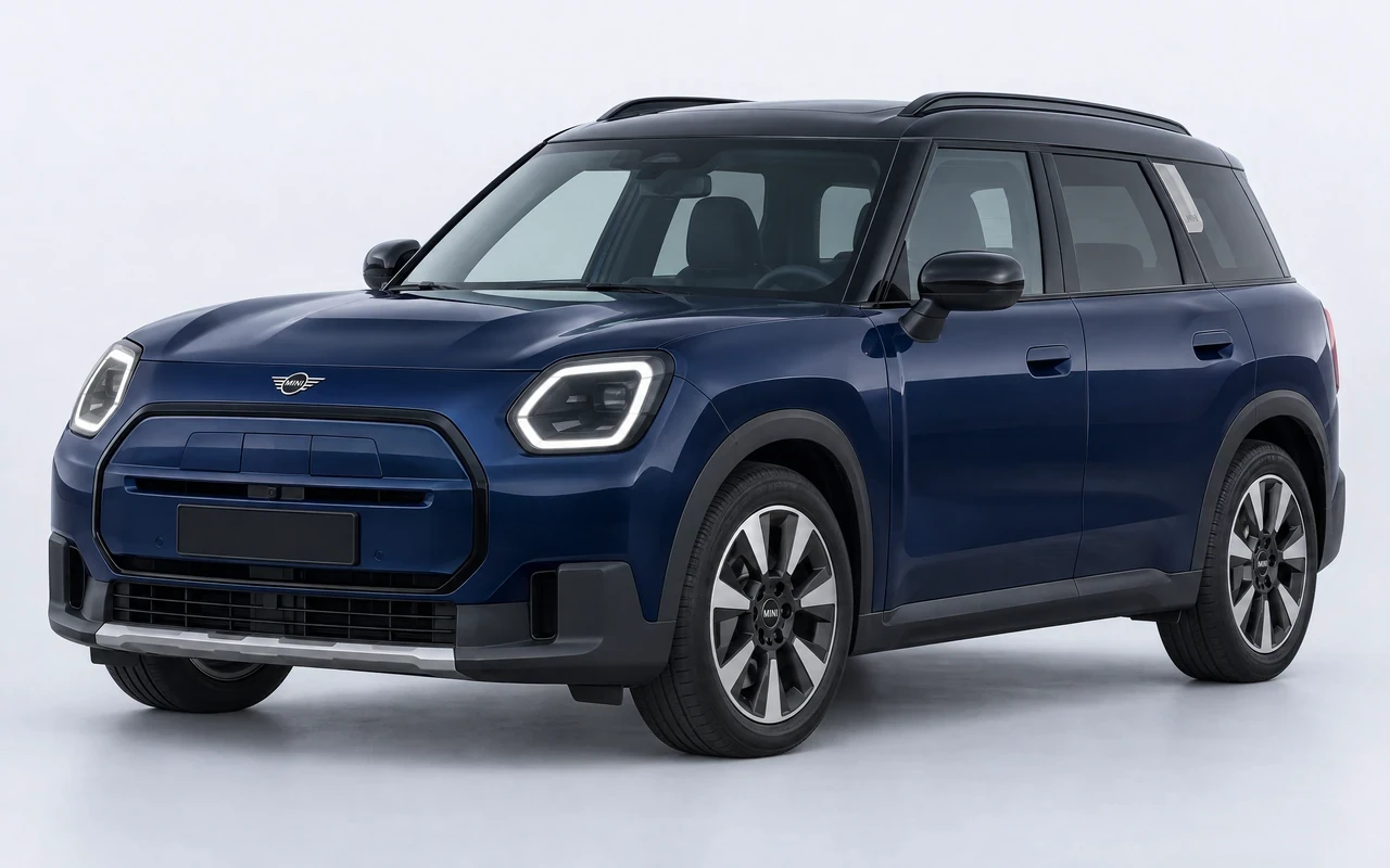 AI-genereret illustration af en mørkeblå Mini Countryman E, set skråt forfra.