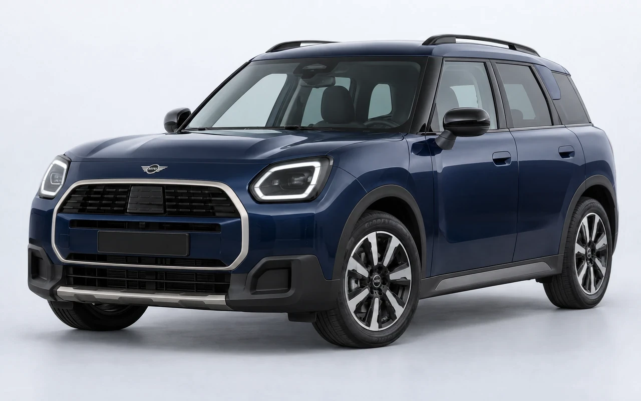 AI-genereret illustration af en mørkeblå Mini Countryman (benzin), set skråt forfra.