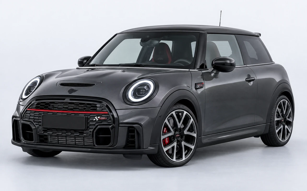 AI-genereret illustration af en mørkegrå Mini John Cooper Works, set skråt forfra.