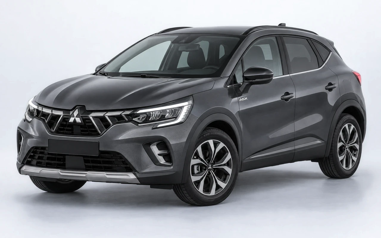 AI-genereret illustration af en mørkegrå Mitsubishi ASX, set skråt forfra.