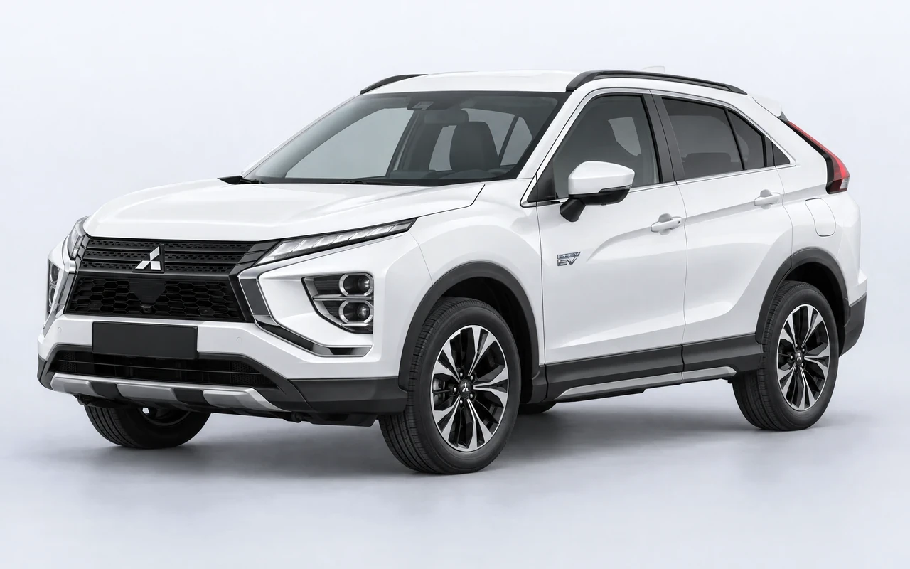 AI-genereret illustration af en hvid Mitsubishi Eclipse Cross Plug-in Hybrid, set skråt forfra.