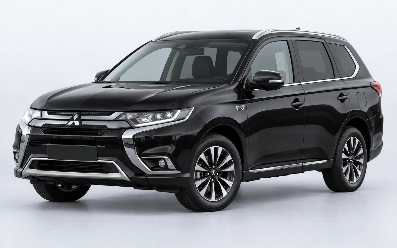 AI-genereret illustration af en sort Mitsubishi Outlander Plug-in Hybrid, set skråt forfra.