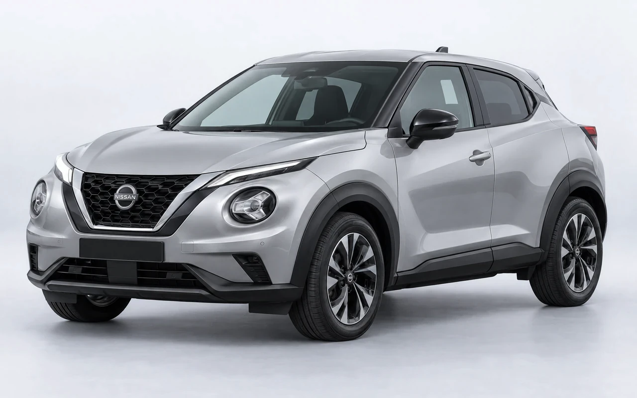 AI-genereret illustration af en sølvgrå Nissan Juke, set skråt forfra.