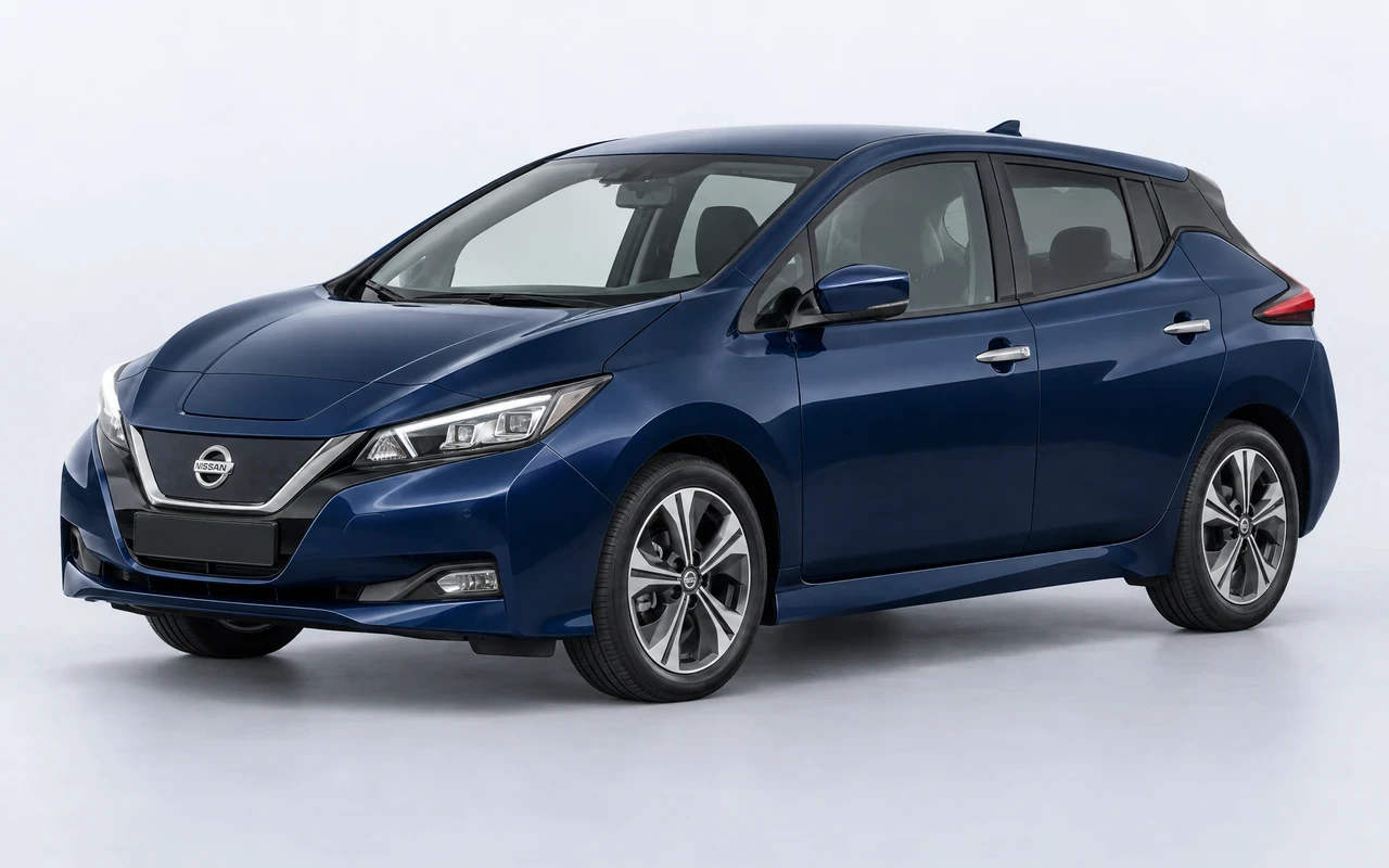 AI-genereret illustration af en mørkeblå Nissan Leaf, set skråt forfra.