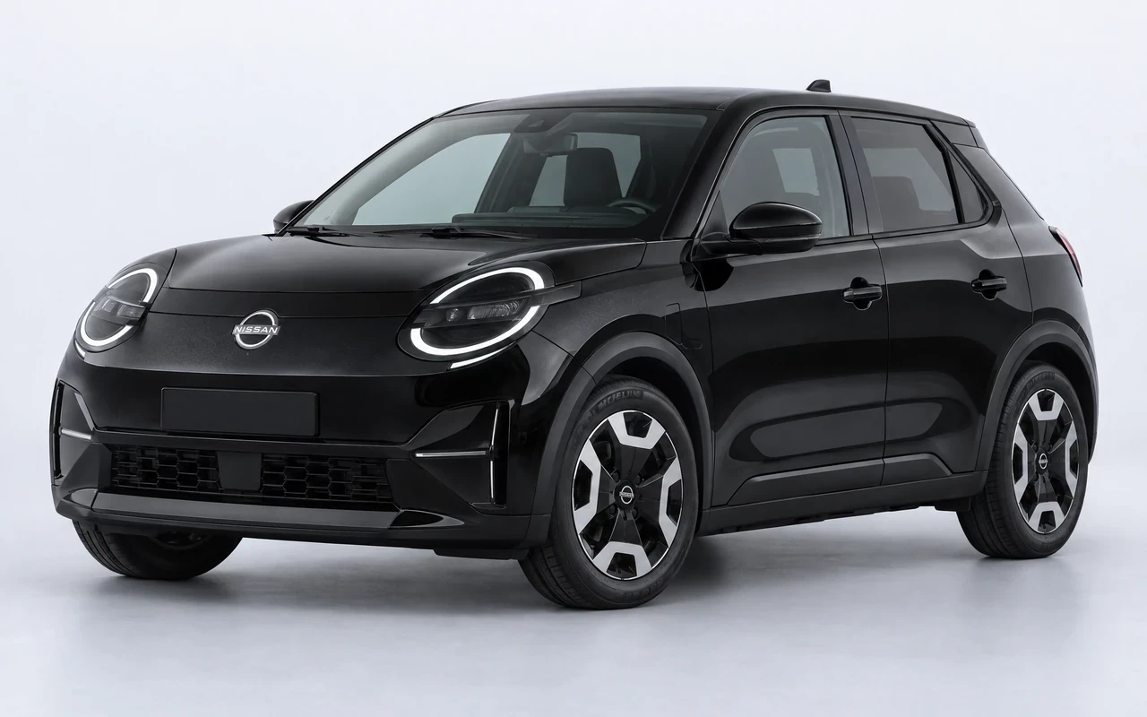 AI-genereret illustration af en sort Nissan Micra, set skråt forfra.