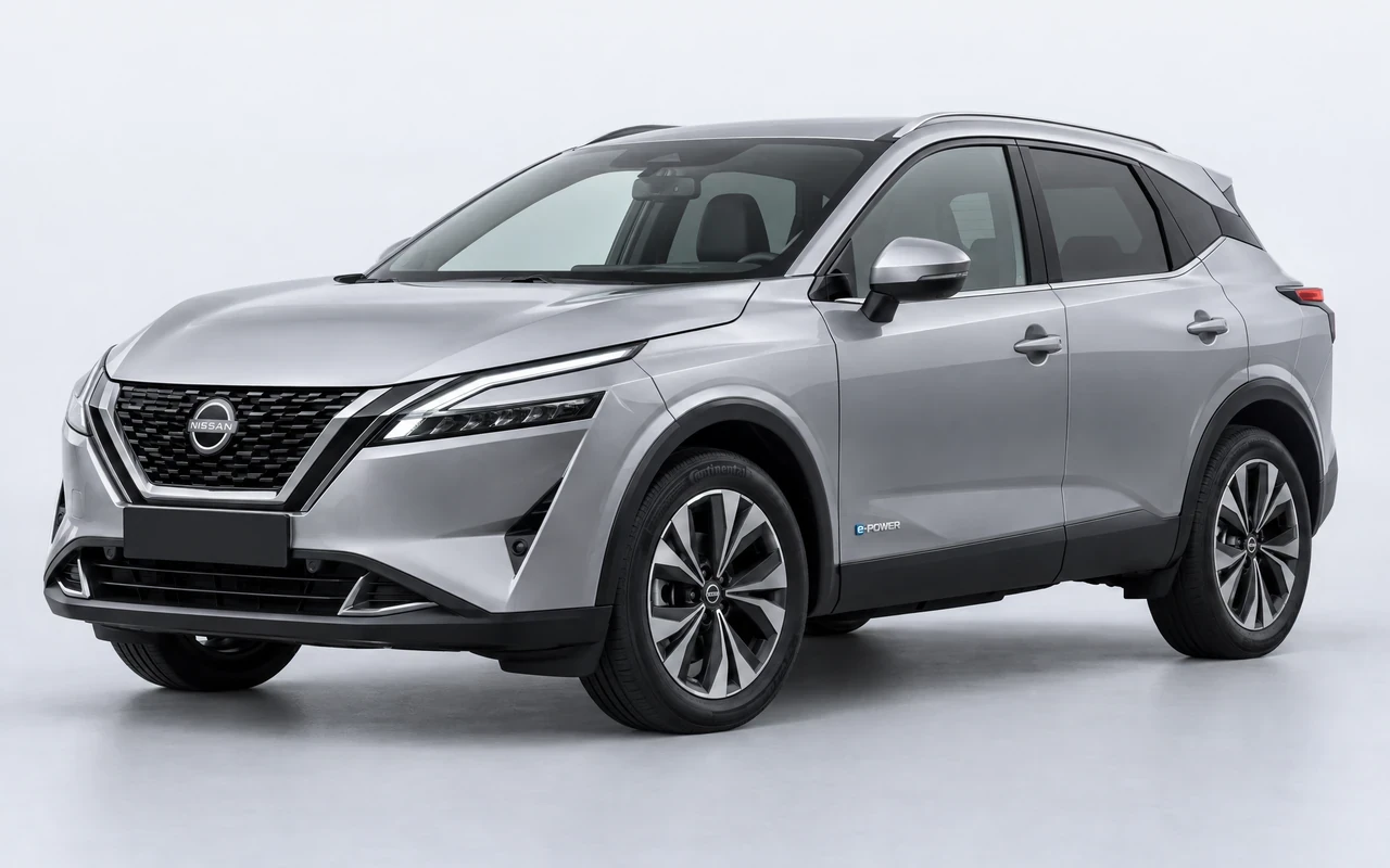 AI-genereret illustration af en sølvgrå Nissan Qashqai e-POWER, set skråt forfra.