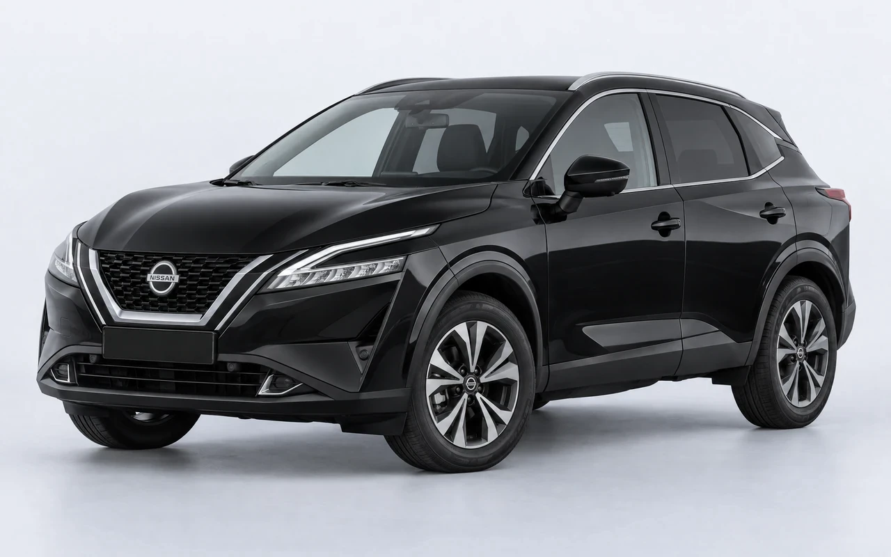 AI-genereret illustration af en sort Nissan Qashqai, set skråt forfra.