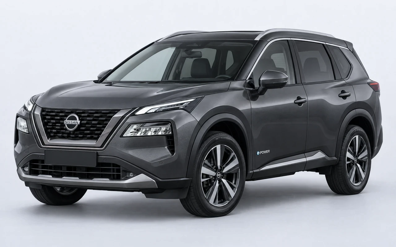 AI-genereret illustration af en mørkegrå Nissan X-Trail e-POWER, set skråt forfra.