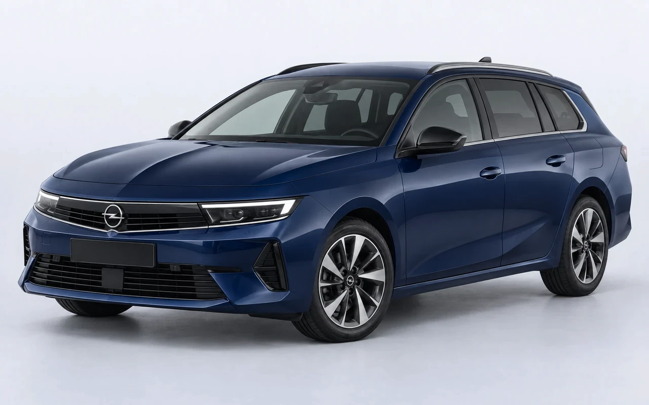 AI-genereret illustration af en mørkeblå Opel Astra Sports Tourer Hybrid, set skråt forfra.