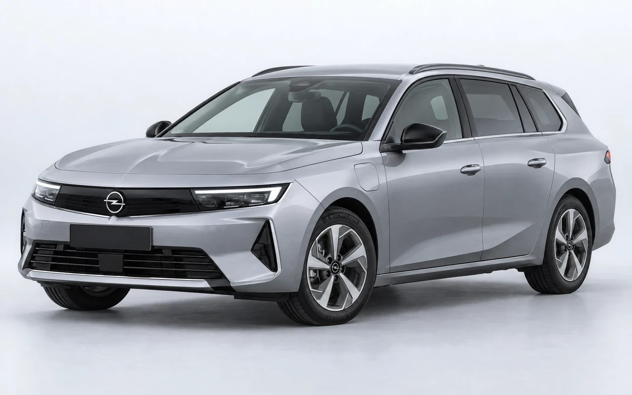 AI-genereret illustration af en sølvgrå Opel Astra Sports Tourer Electric, set skråt forfra.