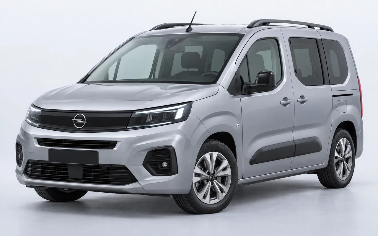 AI-genereret illustration af en sølvgrå Opel Combo Electric, set skråt forfra.