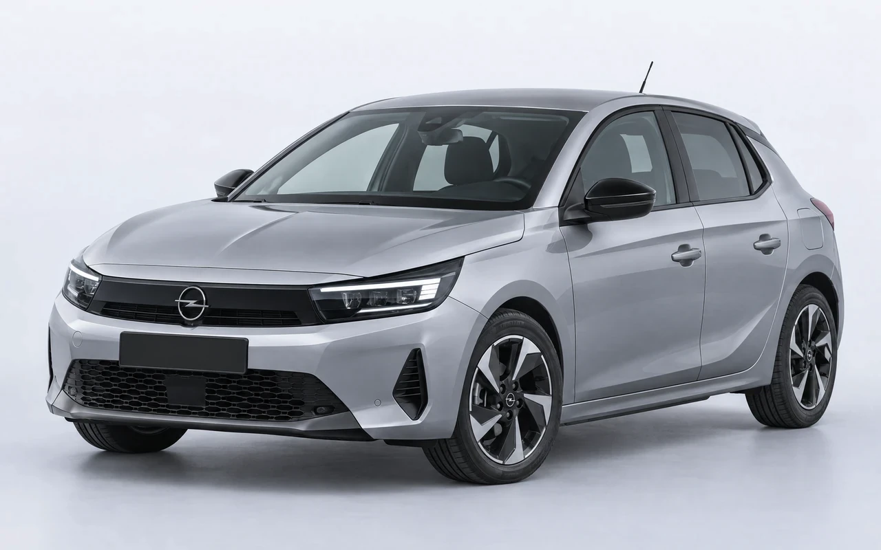 AI-genereret illustration af en sølvgrå Opel Corsa Electric, set skråt forfra.