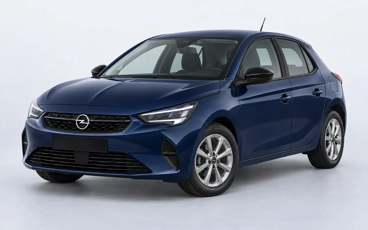 AI-genereret illustration af en mørkeblå Opel Corsa, set skråt forfra.