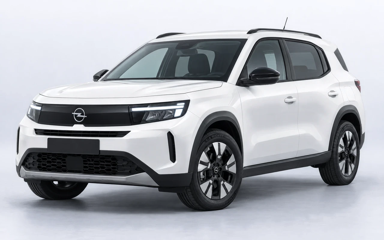 AI-genereret illustration af en hvid Opel Frontera Electric, set skråt forfra.