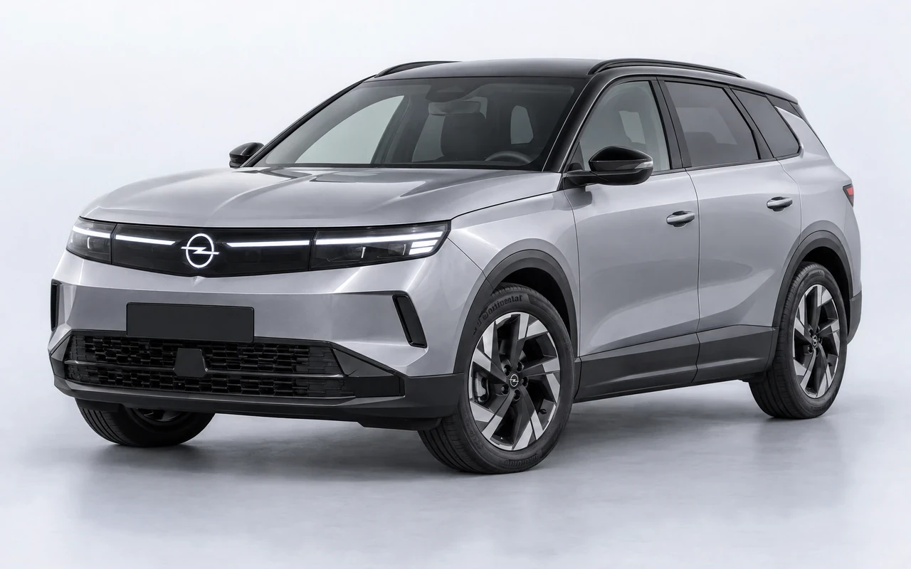 AI-genereret illustration af en sølvgrå Opel Grandland Electric, set skråt forfra.