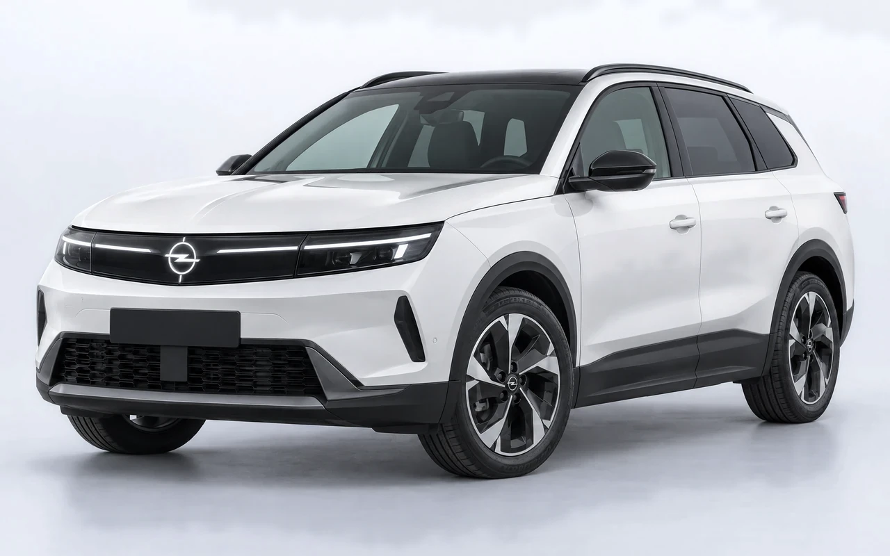 AI-genereret illustration af en hvid Opel Grandland Hybrid, set skråt forfra.