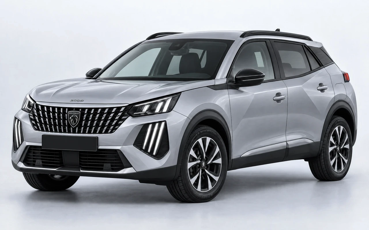 AI-genereret illustration af en sølvgrå Peugeot 2008 Hybrid, set skråt forfra.