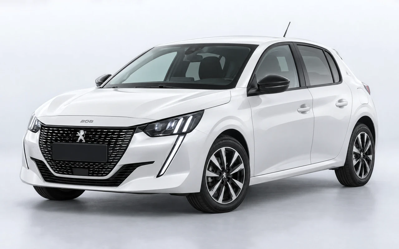 AI-genereret illustration af en hvid Peugeot 208, set skråt forfra.