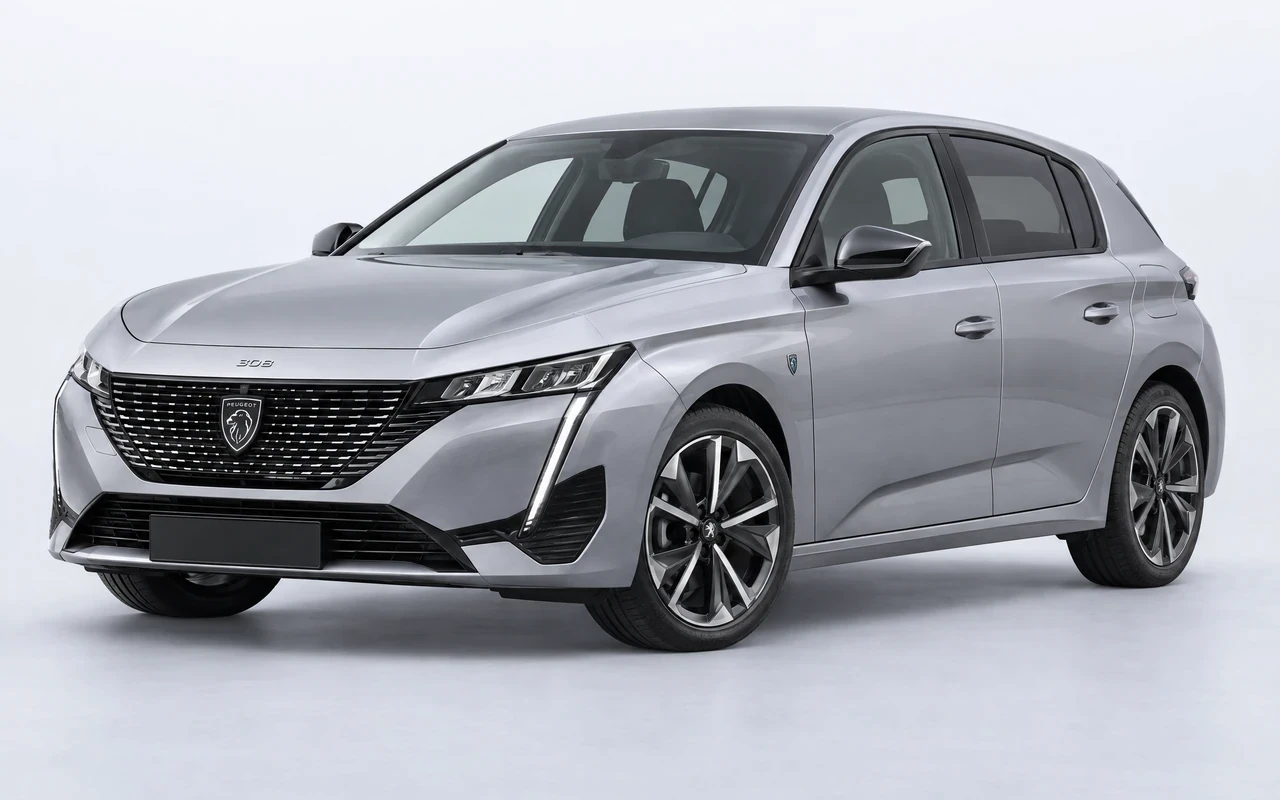 AI-genereret illustration af en sølvgrå Peugeot 308 e-Hybrid, set skråt forfra.