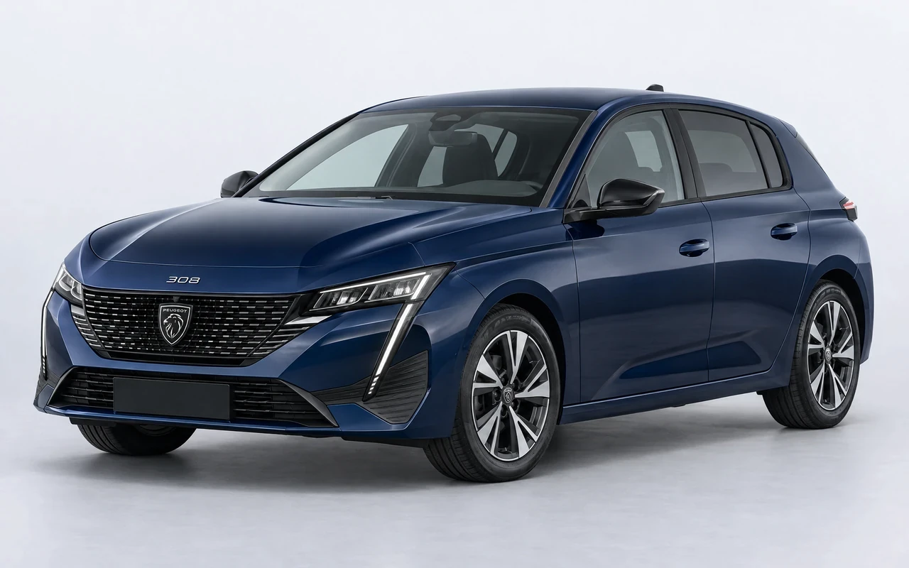 AI-genereret illustration af en mørkeblå Peugeot 308, set skråt forfra.